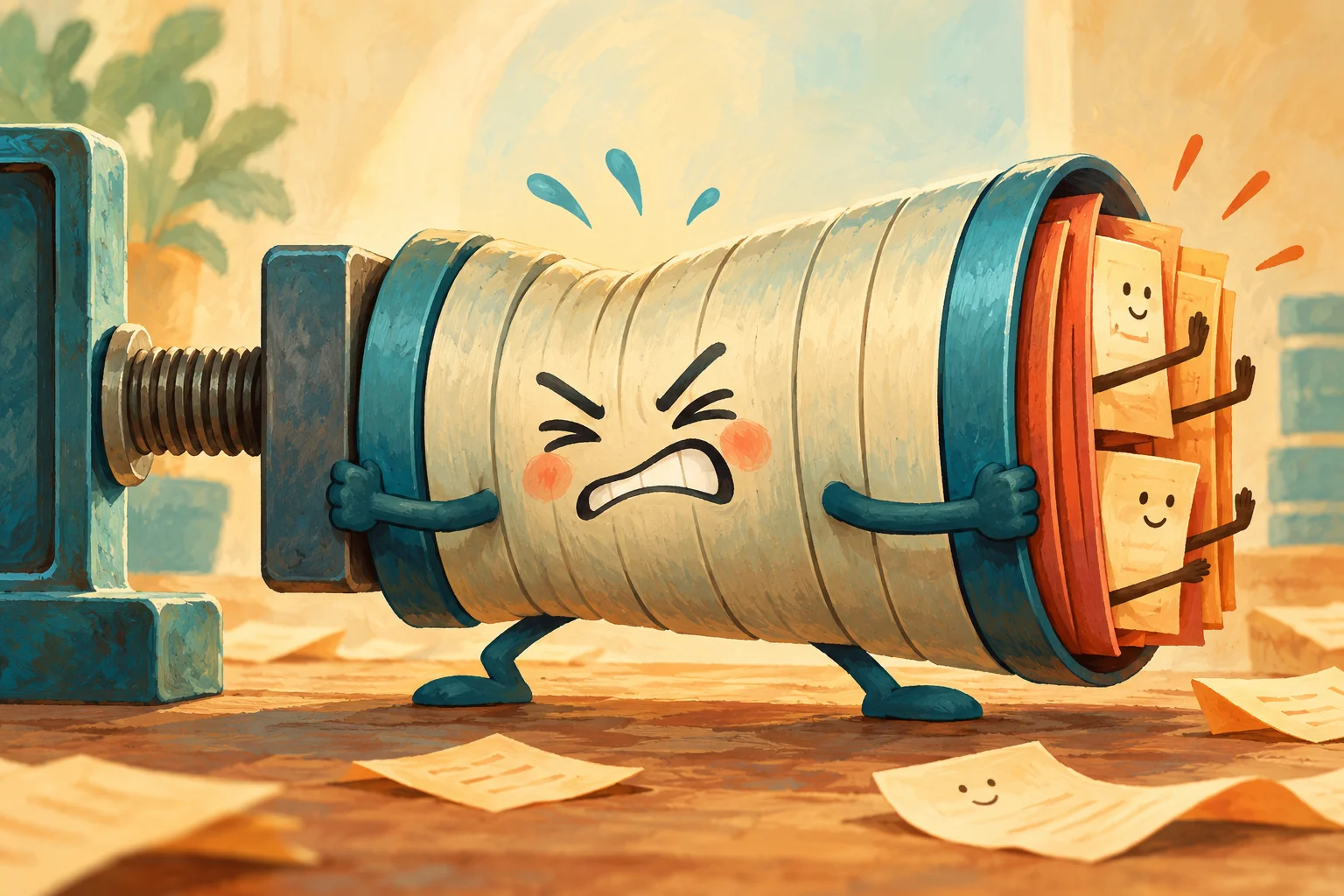 Gouache painting of a database log resisting a clamp while active pages hold its end open