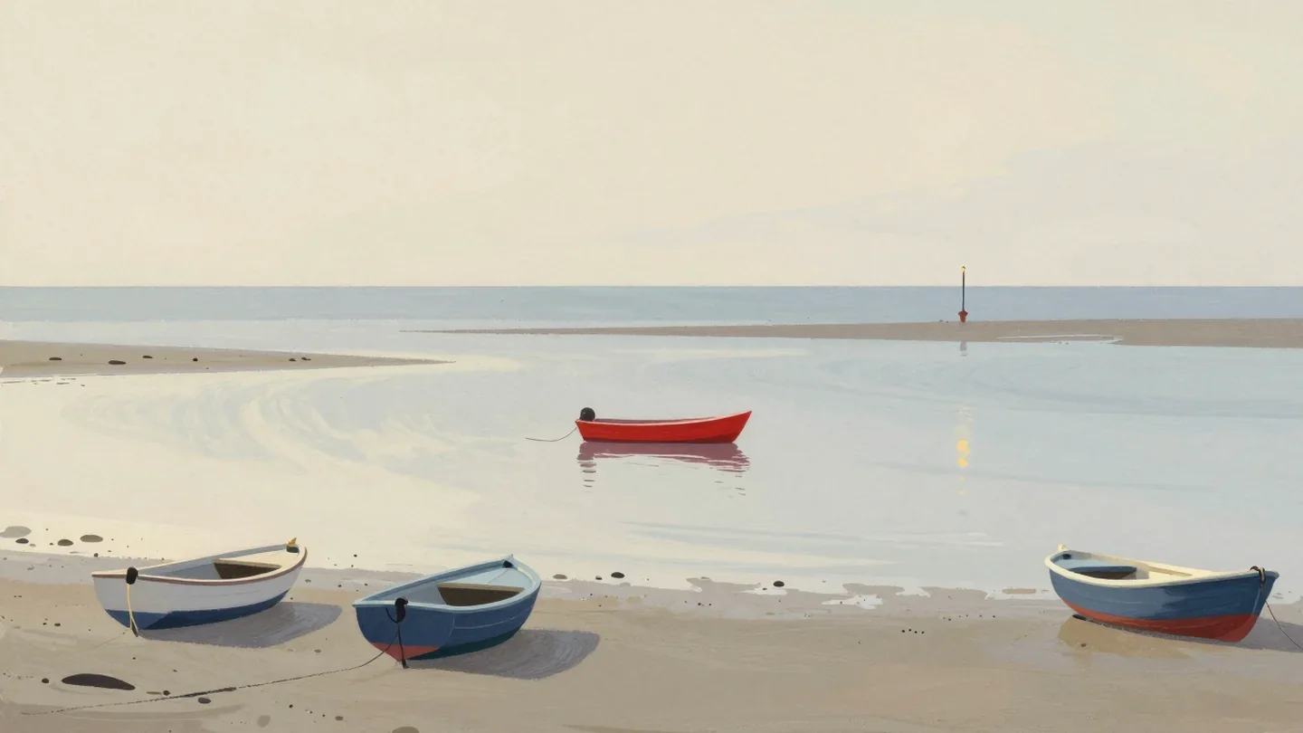 Gouache painting of boats resting on tidal sand with one vermilion boat waiting for the water