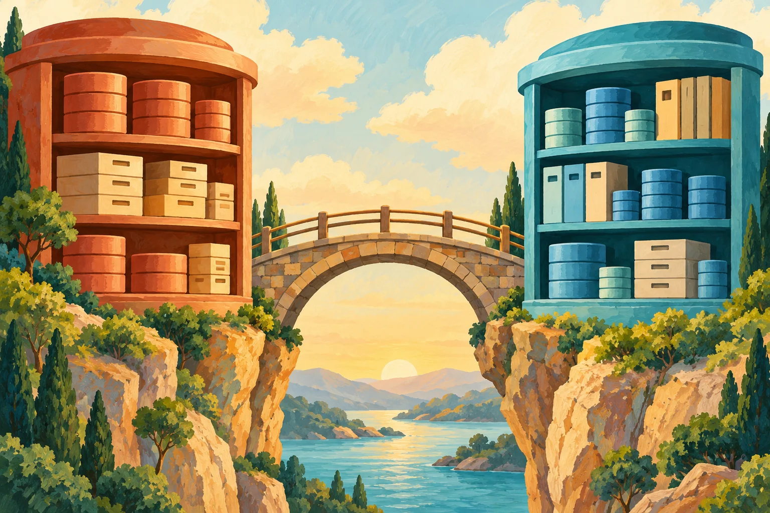 Gouache painting of two differently arranged database shelves connected by a bridge