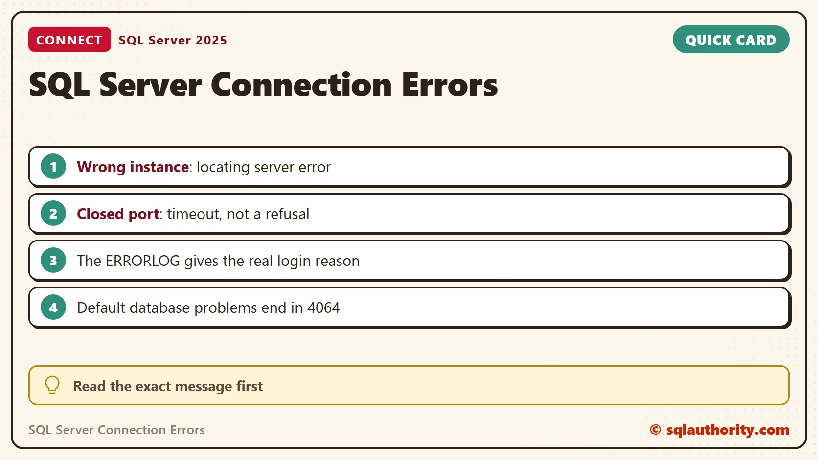 Quick reference card: SQL Server Connection Errors: SQL in Sixty Seconds #030