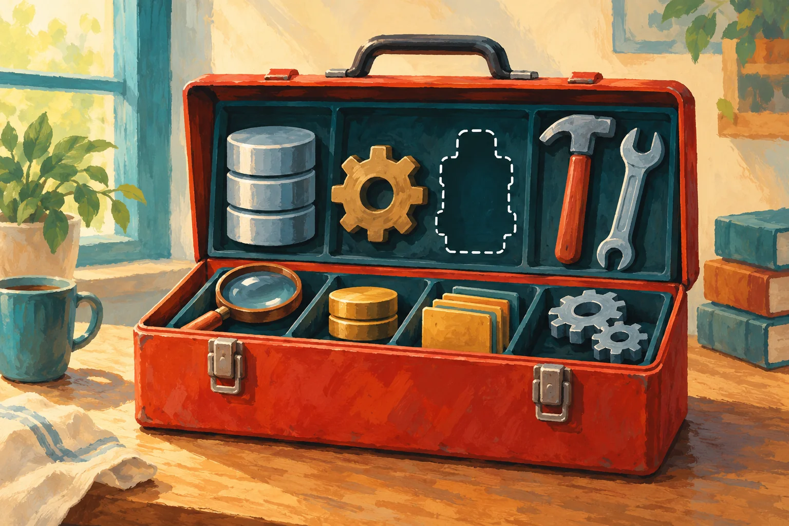 Gouache painting of a database repair toolbox with an empty component slot