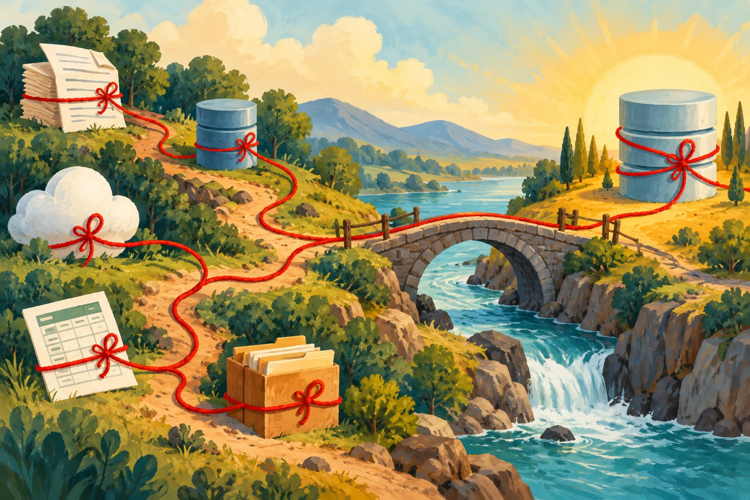 Gouache painting of red threads tracing data from documents and databases across a bridge
