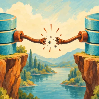 Gouache painting of two blue database towers joined by a broken copper connection
