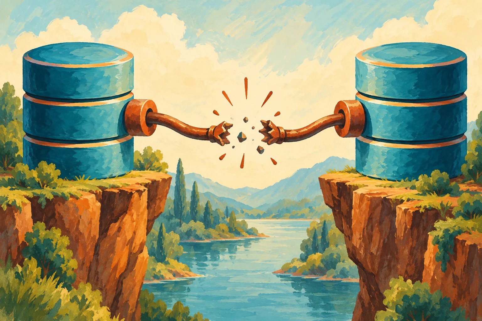 Gouache painting of two blue database towers joined by a broken copper connection