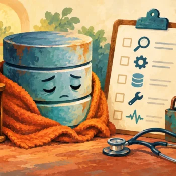 Gouache painting of a database beside a diagnostic checklist and tools