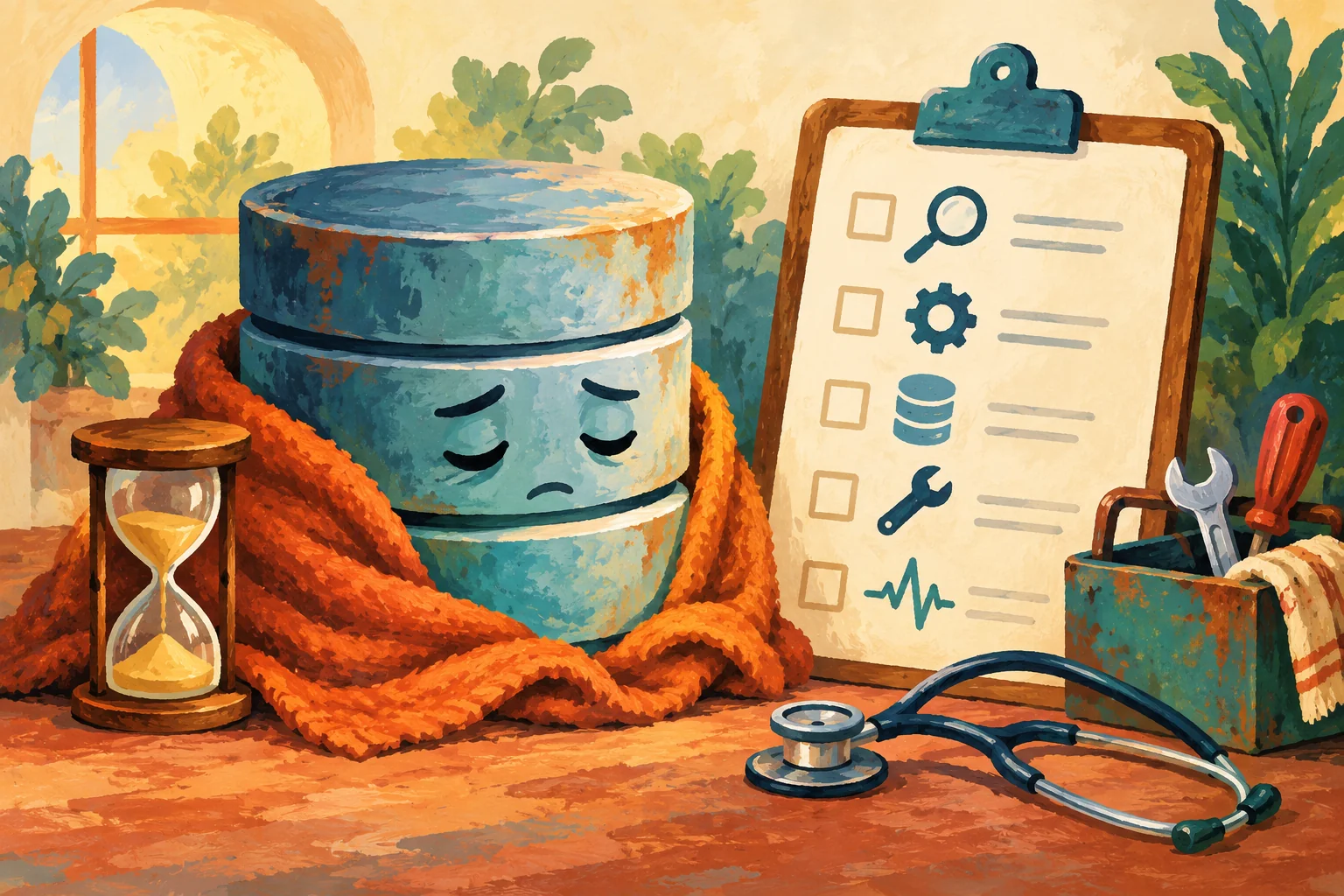 Gouache painting of a database beside a diagnostic checklist and tools