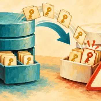 Gouache painting of key-marked folders copied between database cabinets with a duplicate-key warning