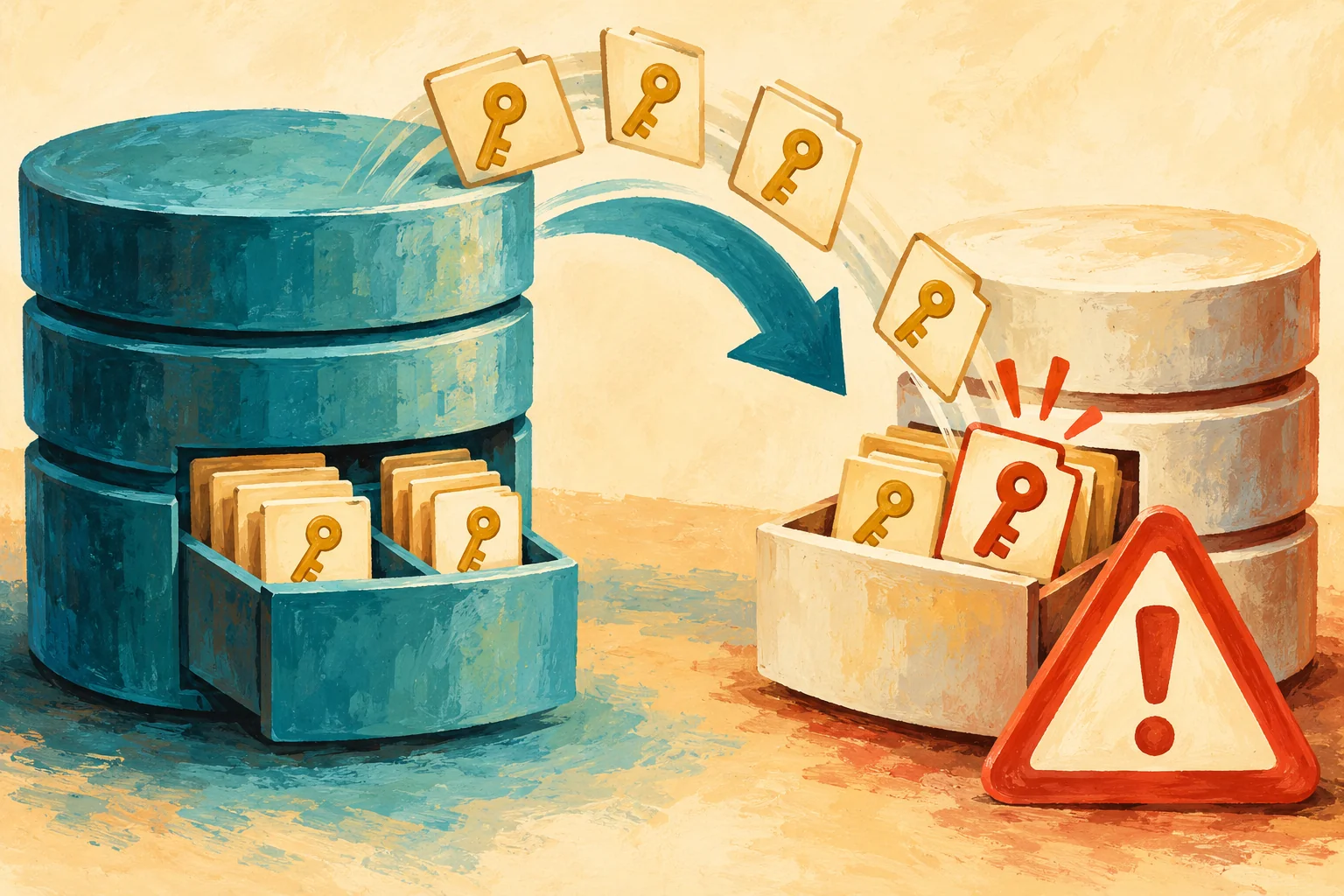 Gouache painting of key-marked folders copied between database cabinets with a duplicate-key warning