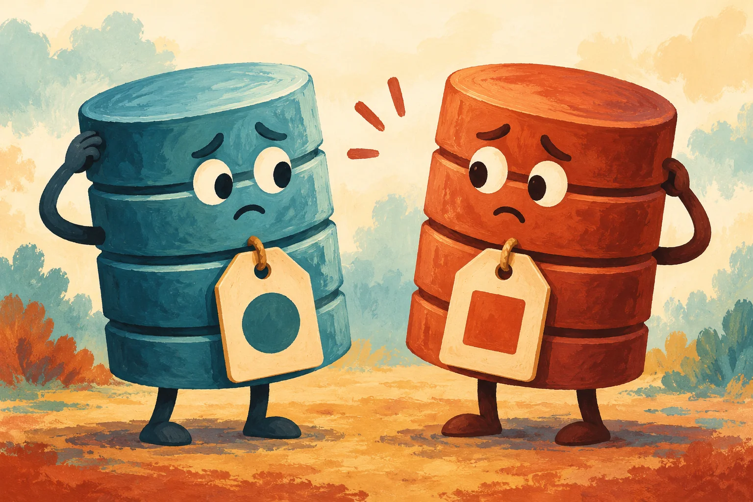Gouache painting of two database files carrying different identity tags