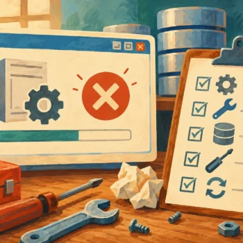 Gouache painting of an interrupted installer beside a repair checklist and tools