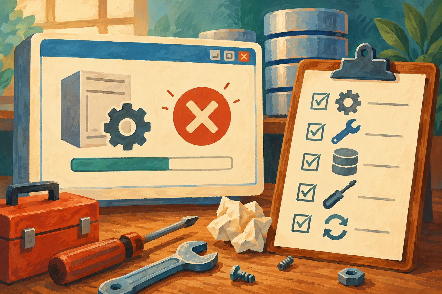 Gouache painting of an interrupted installer beside a repair checklist and tools