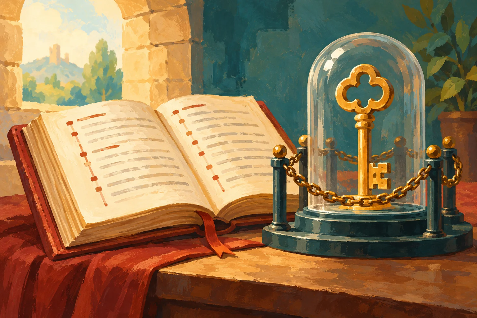 Gouache painting of an open logbook beside a protected golden key