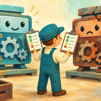 Gouache painting of a technician comparing component checklists beside two machines
