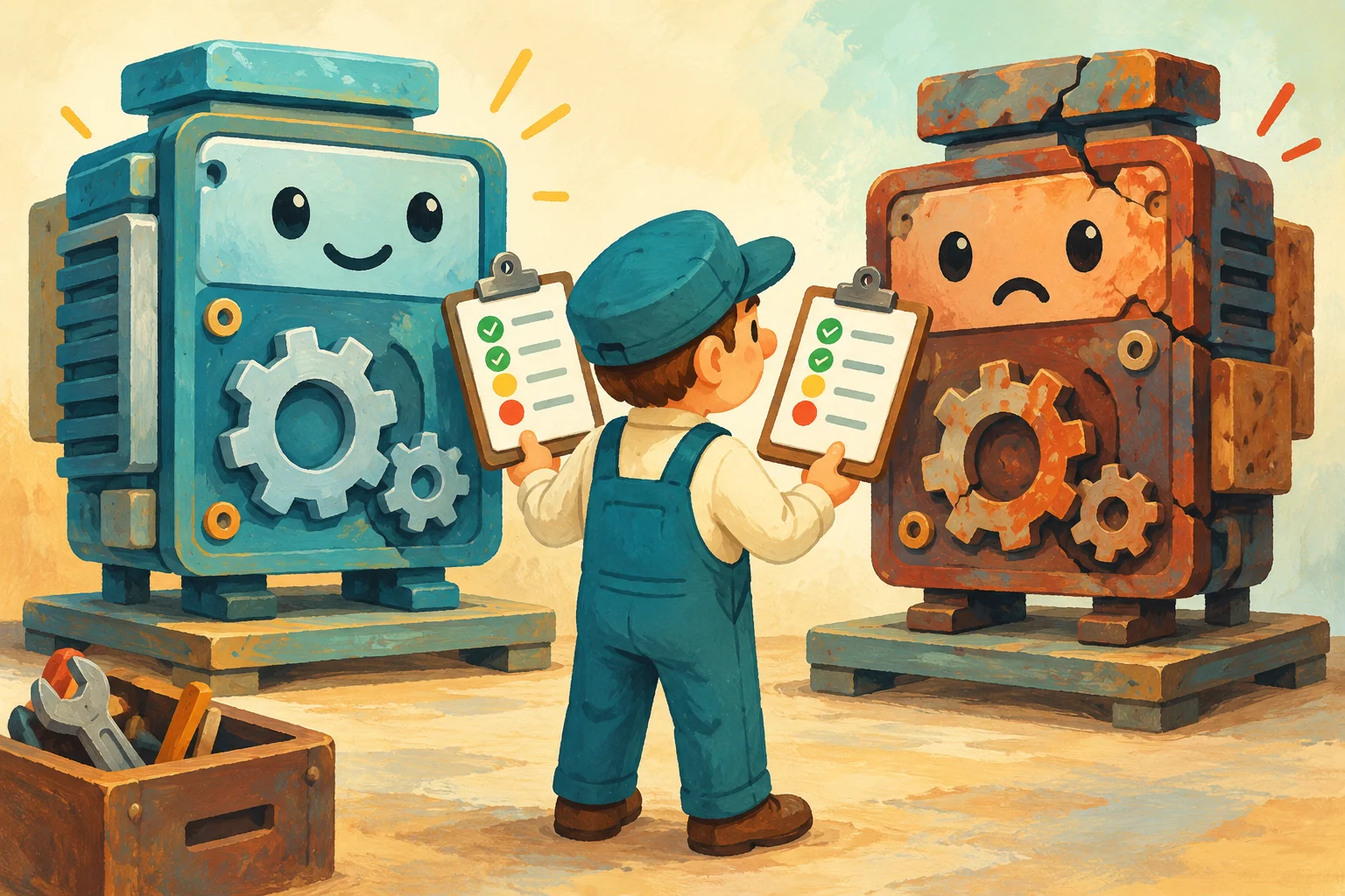 Gouache painting of a technician comparing component checklists beside two machines