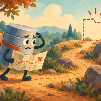Gouache painting of a database traveler searching for a missing backup folder