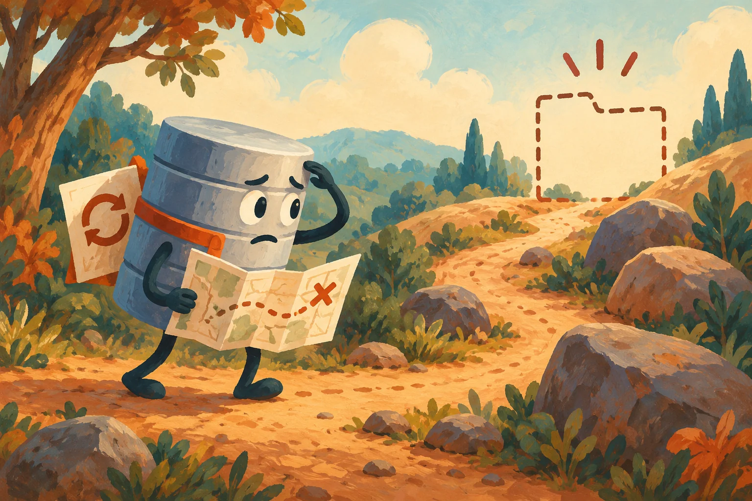 Gouache painting of a database traveler searching for a missing backup folder