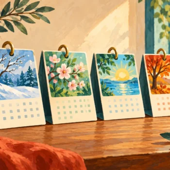 Gouache painting of calendar cards arranged through the seasons