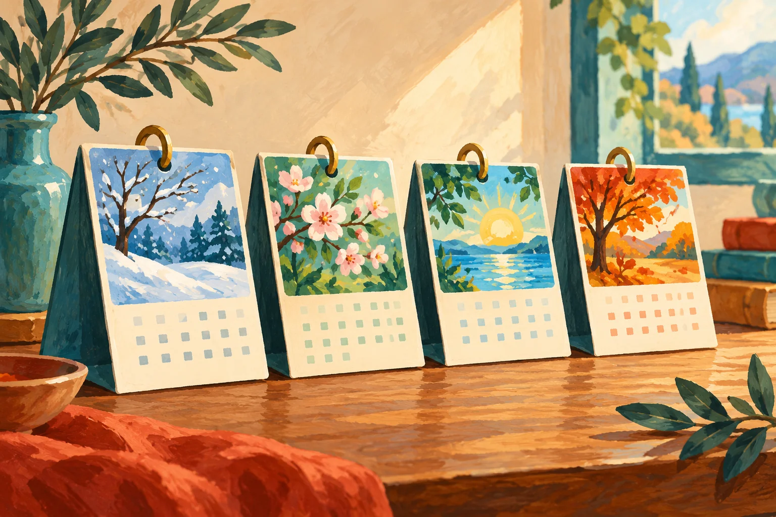 Gouache painting of calendar cards arranged through the seasons