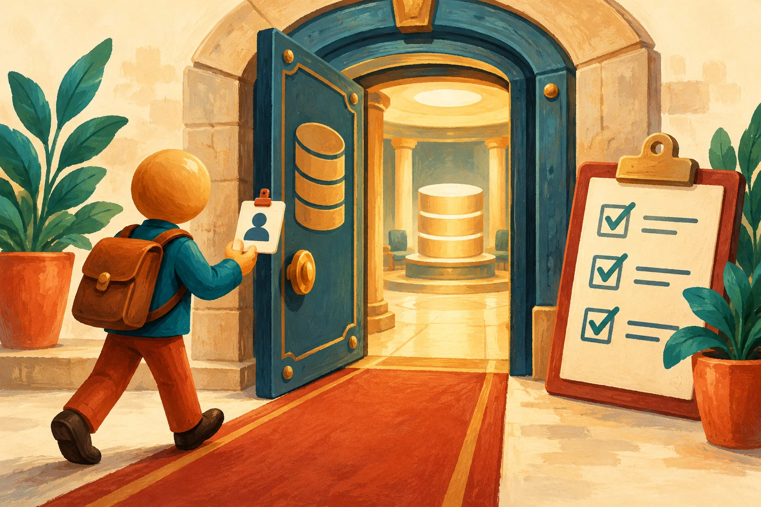Gouache painting of a visitor with an access card entering a database doorway