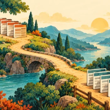 Gouache painting of two groups of record cards connected by a stone bridge