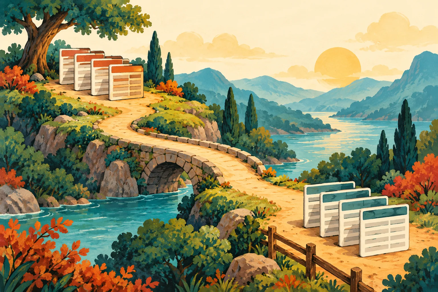 Gouache painting of two groups of record cards connected by a stone bridge