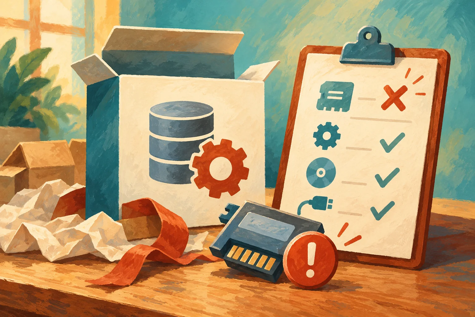 Gouache painting of an installation package and checklist beside a component marked for inspection