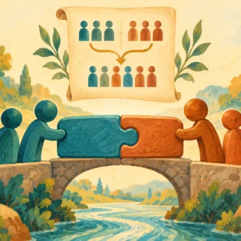 Gouache painting of two groups connecting puzzle pieces over a bridge