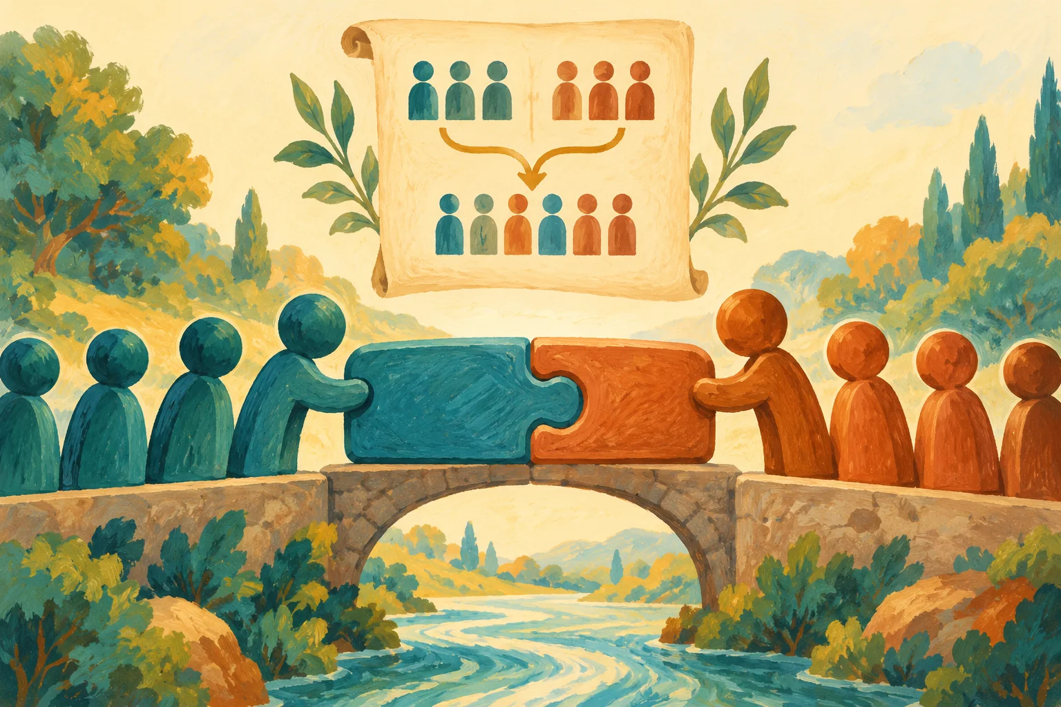 Gouache painting of two groups connecting puzzle pieces over a bridge