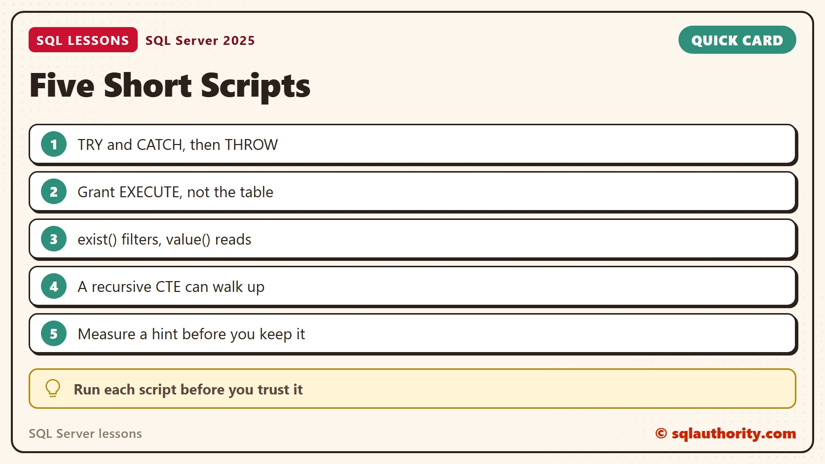 Quick reference card: SQL Server lessons