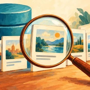 Gouache painting of a magnifying glass examining database views