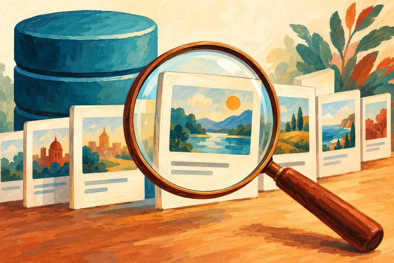 Gouache painting of a magnifying glass examining database views