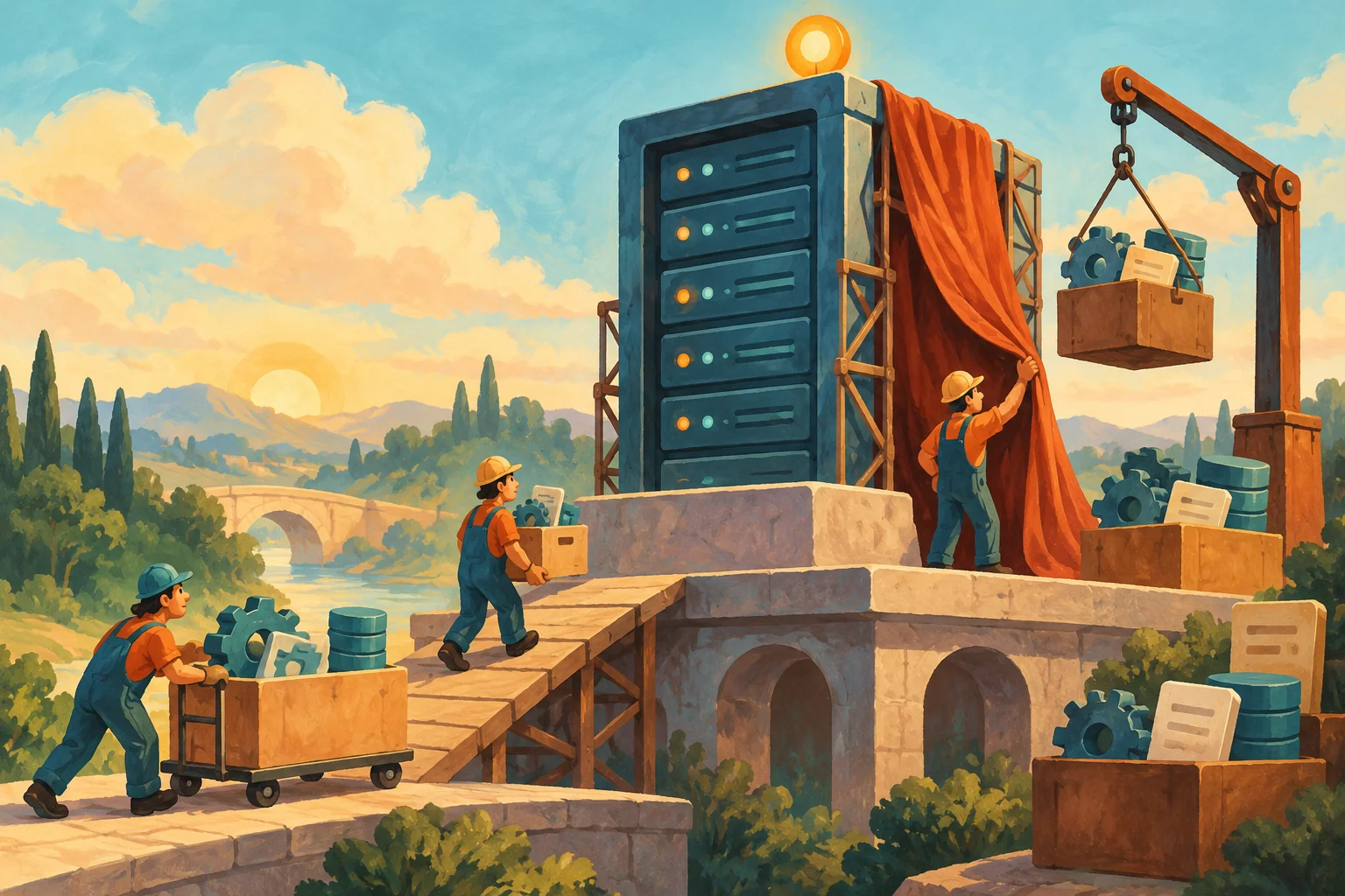 Gouache painting of a team moving upgrade components toward a server under maintenance