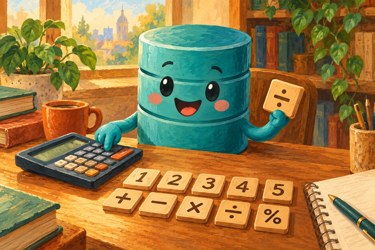 Gouache painting of a calculator and number tiles
