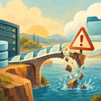 Gouache painting of a warning sign on an interrupted backup bridge to cloud storage