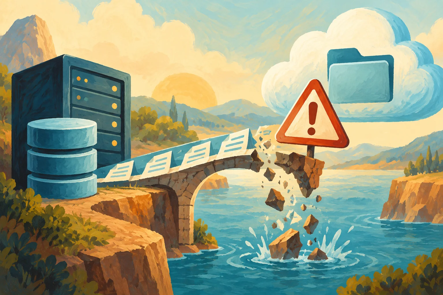 Gouache painting of a warning sign on an interrupted backup bridge to cloud storage