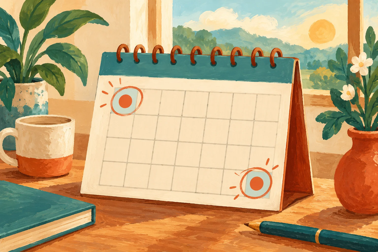 Gouache painting of a desk calendar with the first and last days highlighted