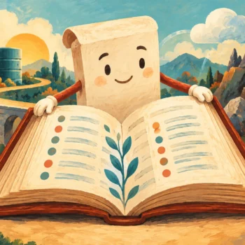 Gouache painting of a friendly open guidebook beside database towers, gears and a winding path