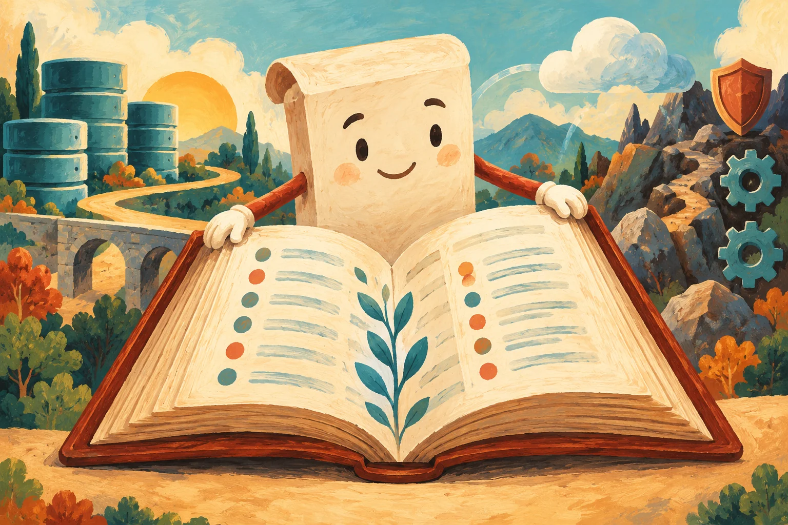 Gouache painting of a friendly open guidebook beside database towers, gears and a winding path