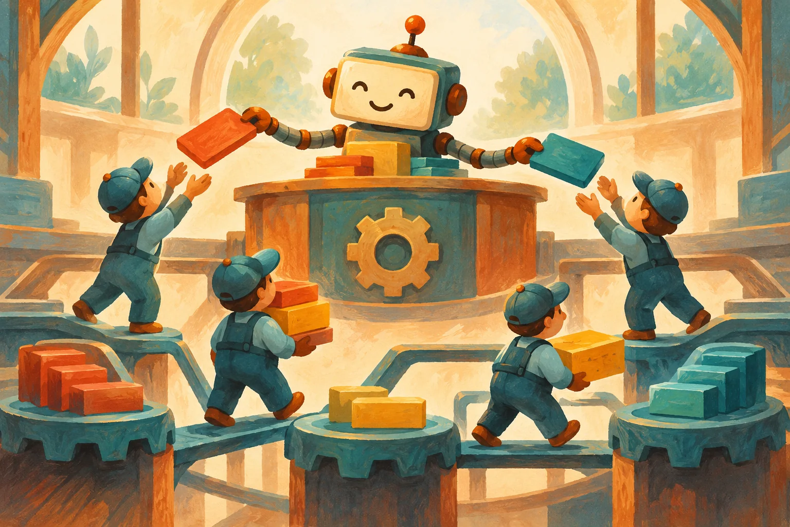 Gouache painting of a smiling scheduler robot distributing colored blocks to workers on connected gears