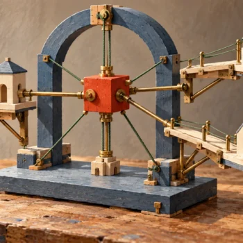 Gouache painting of a wooden architectural model with brass rods and cords connecting structures to a central red support.