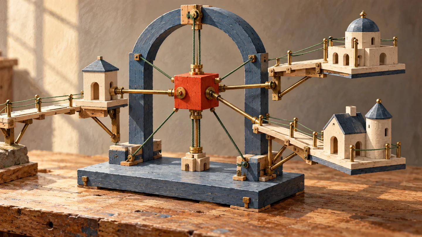Gouache painting of a wooden architectural model with brass rods and cords connecting structures to a central red support.