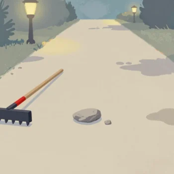 Gouache painting of a garden path with a red rake lying tines up, a loose stone and a puddle