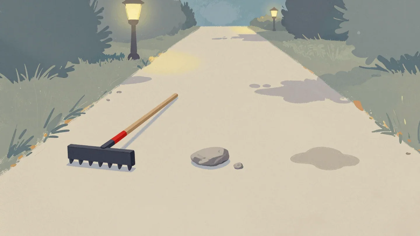 Gouache painting of a garden path with a red rake lying tines up, a loose stone and a puddle
