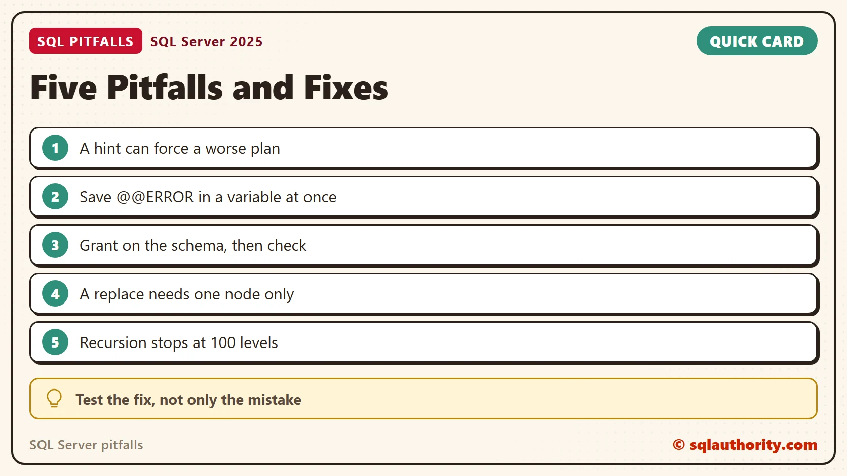 Quick reference card: SQL Server pitfalls