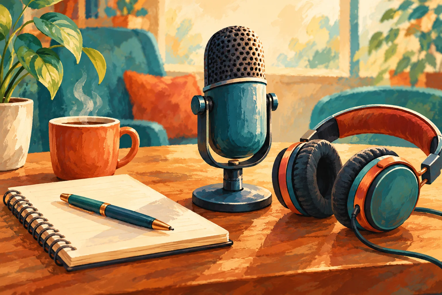 Gouache painting of a microphone, headphones, notebook and warm drink on a recording desk