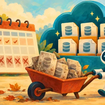 Gouache painting of a retention calendar beside backup files in cloud storage