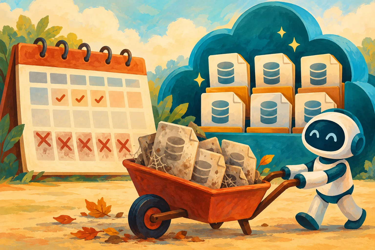 Gouache painting of a retention calendar beside backup files in cloud storage