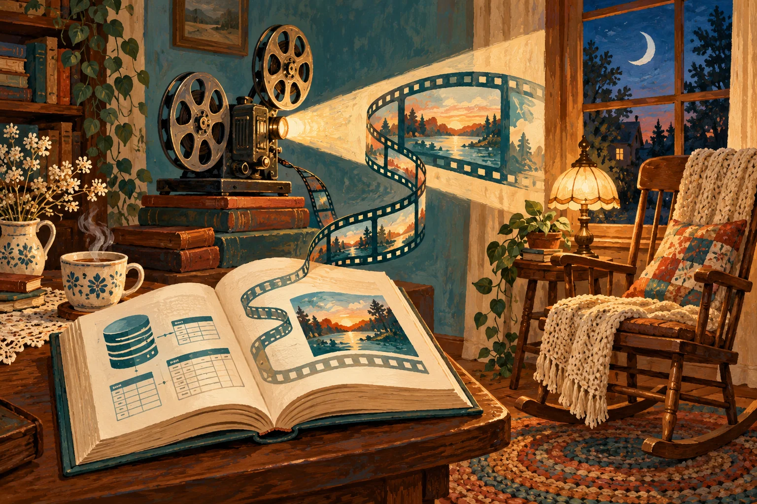 Gouache painting of a film strip rising from a database book beside a projector and an empty rocking chair