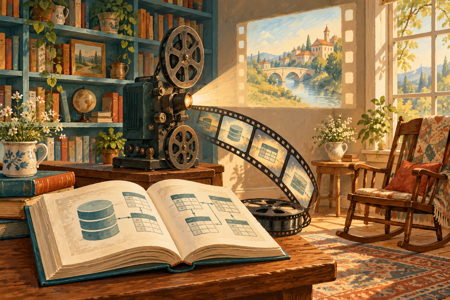 Gouache painting of an open database book beside a film projector and a rocking chair