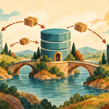 Gouache painting of databases exchanging packages